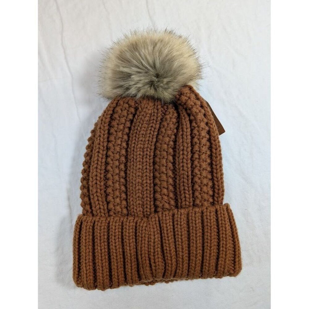 C.C one size fits most beanie in color clay with faux fur pom fuzzy lining O3 - Picture 6 of 6